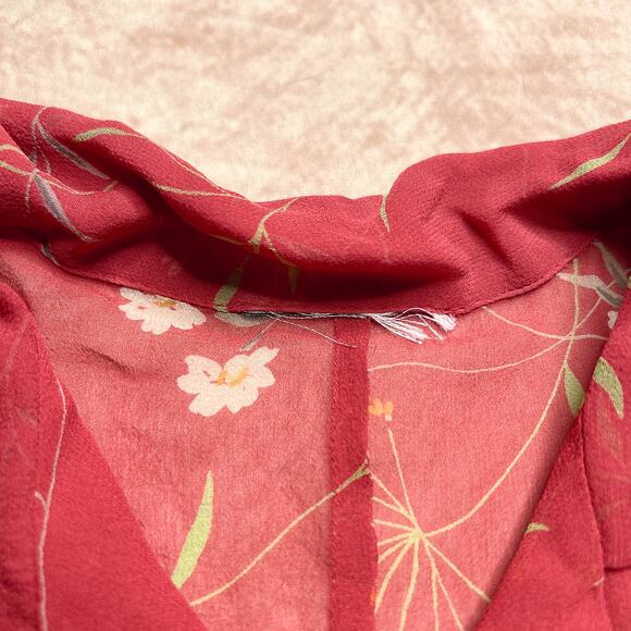 Vintage Y2K Red Floral Mesh Top Button Up Sheer Cap Sleeve Cropped Boho Hippie - Picture 4 of 6